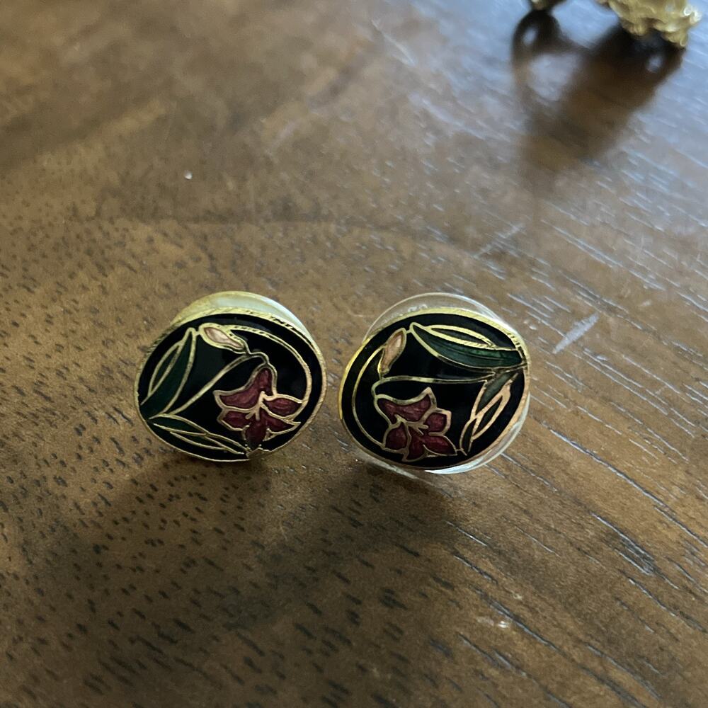 Floral Cloisonne Post Pierced Earrings Multicolor Enamel, Small
